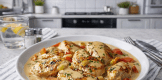 Ζουμερό στήθος κοτόπουλου βουτηγμένο σε πλούσια λευκή σάλτσα με πολύχρωμα λαχανικά, σερβιρισμένο δίπλα σε κρεμώδη πουρέ πατάτας.