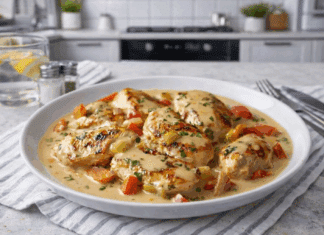 Ζουμερό στήθος κοτόπουλου βουτηγμένο σε πλούσια λευκή σάλτσα με πολύχρωμα λαχανικά, σερβιρισμένο δίπλα σε κρεμώδη πουρέ πατάτας.