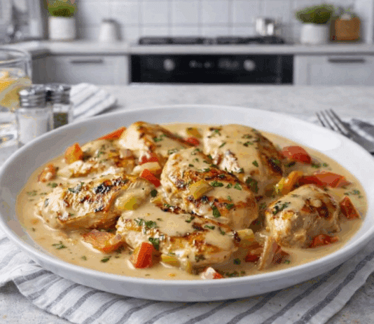 Ζουμερό στήθος κοτόπουλου βουτηγμένο σε πλούσια λευκή σάλτσα με πολύχρωμα λαχανικά, σερβιρισμένο δίπλα σε κρεμώδη πουρέ πατάτας.
