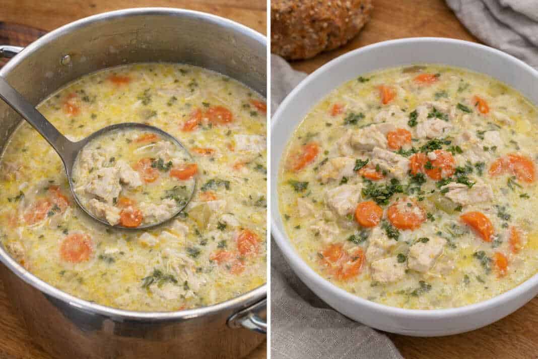 Ένα μπολ με αχνιστή κρεμώδη κοτόσουπα αυγολέμονο, κομματάκια από στήθος κοτόπουλο, πατάτα και ψιλοκομμένο μαϊντανό.