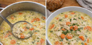 Ένα μπολ με αχνιστή κρεμώδη κοτόσουπα αυγολέμονο, κομματάκια από στήθος κοτόπουλο, πατάτα και ψιλοκομμένο μαϊντανό.