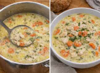 Ένα μπολ με αχνιστή κρεμώδη κοτόσουπα αυγολέμονο, κομματάκια από στήθος κοτόπουλο, πατάτα και ψιλοκομμένο μαϊντανό.