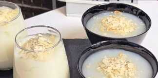 Δροσερή και διάφανη κρέμα μπαλεζέ σε γυάλινα μπολάκια, γαρνιρισμένη με καβουρδισμένο αμύγδαλο φιλέ.