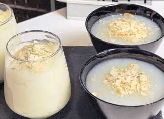 Δροσερή και διάφανη κρέμα μπαλεζέ σε γυάλινα μπολάκια, γαρνιρισμένη με καβουρδισμένο αμύγδαλο φιλέ.