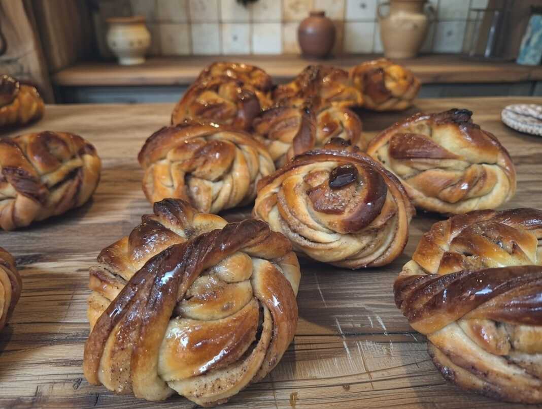 Αχνιστά, γυαλιστερά ψωμάκια κανέλας με περίτεχνο σχήμα, πασπαλισμένα με σιρόπι ζάχαρης.