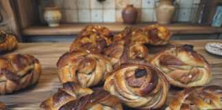 Αχνιστά, γυαλιστερά ψωμάκια κανέλας με περίτεχνο σχήμα, πασπαλισμένα με σιρόπι ζάχαρης.