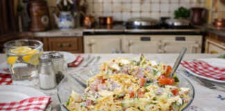 Μια πολύχρωμη σαλάτα με κυβάκια αλλαντικών, τυριού, τομάτας και πιπεριάς, ανακατεμένη με κρεμώδη σάλτσα και φρέσκα μυρωδικά.