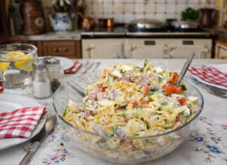 Μια πολύχρωμη σαλάτα με κυβάκια αλλαντικών, τυριού, τομάτας και πιπεριάς, ανακατεμένη με κρεμώδη σάλτσα και φρέσκα μυρωδικά.