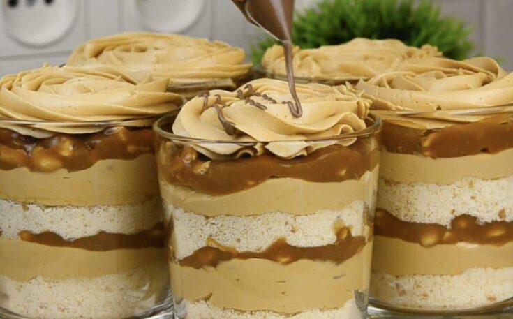 Πέντε ποτήρια γεμάτα με στρώσεις Snickers Trifle, διακοσμημένα με ροζέτες κρέμας, λιωμένη σοκολάτα και κομμάτια σοκολάτας Snickers.