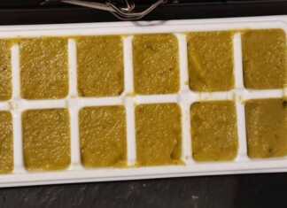 Μια σειρά από ομοιόμορφα τετράγωνα σπιτικού ζωμού λαχανικών πάνω σε λαδόκολλα, με φρέσκα βότανα και λαχανικά να τα περιβάλλουν.