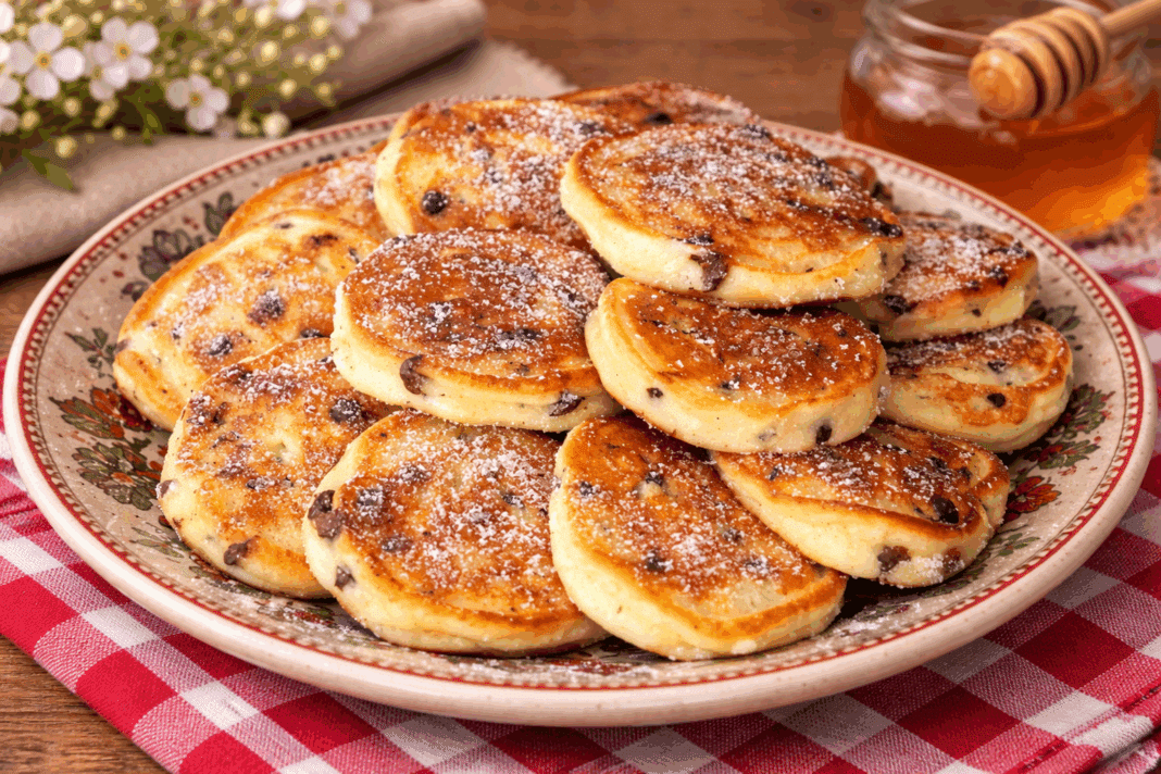 Μια στοίβα από αφράτες, χρυσαφένια τηγανίτες με λιωμένες σταγόνες σοκολάτας στο εσωτερικό τους, σερβιρισμένες σε ένα λευκό πιάτο.