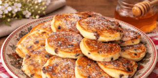 Μια στοίβα από αφράτες, χρυσαφένια τηγανίτες με λιωμένες σταγόνες σοκολάτας στο εσωτερικό τους, σερβιρισμένες σε ένα λευκό πιάτο.