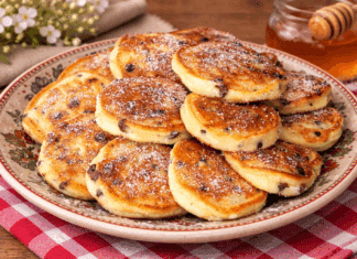 Μια στοίβα από αφράτες, χρυσαφένια τηγανίτες με λιωμένες σταγόνες σοκολάτας στο εσωτερικό τους, σερβιρισμένες σε ένα λευκό πιάτο.