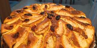 Μια χρυσαφένια μηλόπιτα διακοσμημένη με λεπτές φέτες μήλου και σταφίδες, πασπαλισμένη με κανέλα.