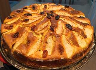 Μια χρυσαφένια μηλόπιτα διακοσμημένη με λεπτές φέτες μήλου και σταφίδες, πασπαλισμένη με κανέλα.