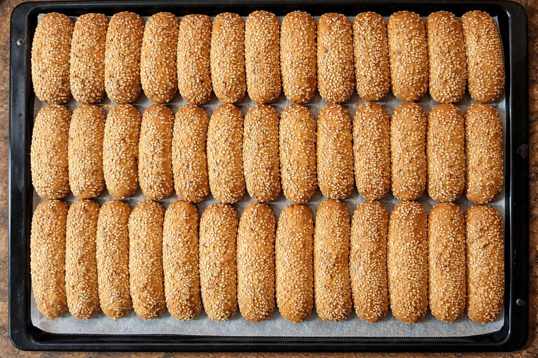 Χρυσαφένια κουλουράκια λεμονιού πασπαλισμένα με σουσάμι τοποθετημένα μέσα σε ταψί