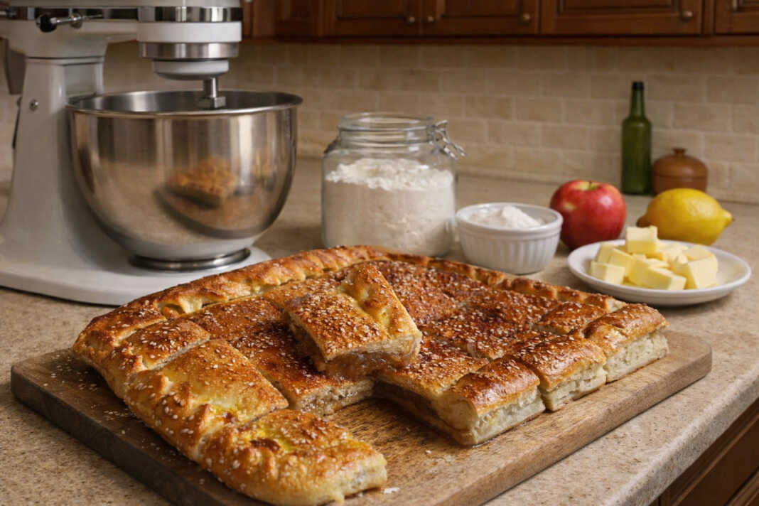 Μια χρυσαφένια πίτα με μαρμελάδα μήλου και σουσάμι, κομμένη σε τετράγωνα κομμάτια.