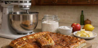 Μια χρυσαφένια πίτα με μαρμελάδα μήλου και σουσάμι, κομμένη σε τετράγωνα κομμάτια.