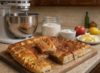 Μια χρυσαφένια πίτα με μαρμελάδα μήλου και σουσάμι, κομμένη σε τετράγωνα κομμάτια.