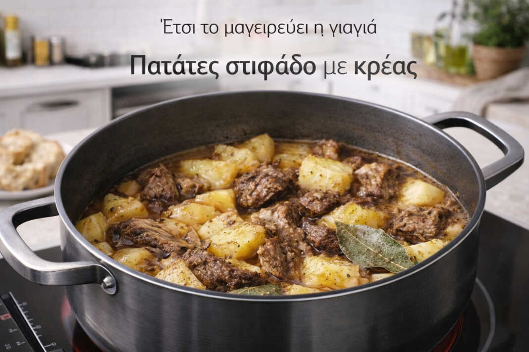 Μια βαθιά κατσαρόλα με σιγομαγειρεμένο μοσχάρι και μεγάλες κομμένες πατάτες μέσα σε πλούσιο, μελωμένο ζουμί με φύλλα δάφνης.