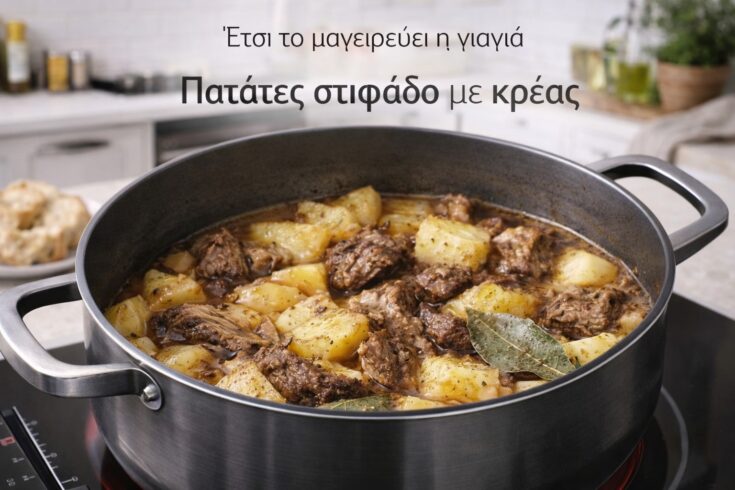 Μια βαθιά κατσαρόλα με σιγομαγειρεμένο μοσχάρι και μεγάλες κομμένες πατάτες μέσα σε πλούσιο, μελωμένο ζουμί με φύλλα δάφνης.