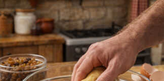 Αφράτα χειροποίητα τσουρέκια με αλεξανδρινή ζύμη και λευκό γλάσο μαρέγκας σε ξύλινη επιφάνεια