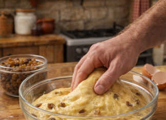 Αφράτα χειροποίητα τσουρέκια με αλεξανδρινή ζύμη και λευκό γλάσο μαρέγκας σε ξύλινη επιφάνεια