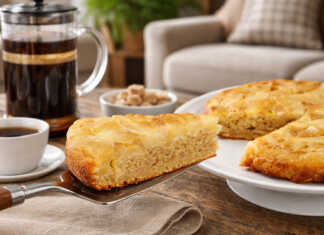 Μια αφράτη πίτα με αχλάδι πασπαλισμένη με άχνη ζάχαρη και ολόκληρα καρύδια στην επιφάνεια