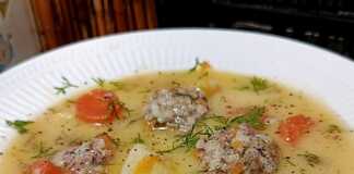 Μπαμπάτσικα γιουβαρλάκια αυγολέμονο Μια βαθιά πιατέλα με ζεστά γιουβαρλάκια σε λευκή σάλτσα αυγολέμονο με κομματάκια καρότου και φρέσκο άνηθο