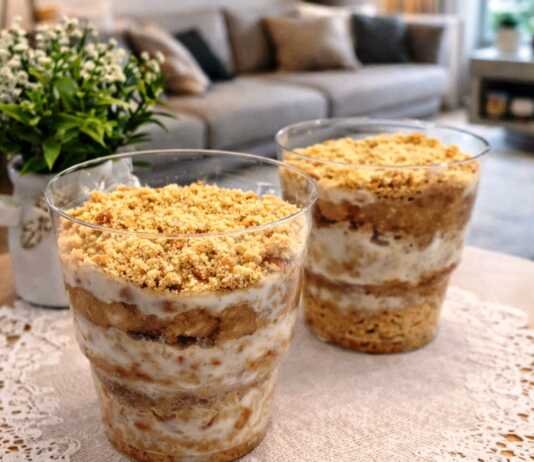 Δύο κομψά ποτήρια γεμάτα με στρώσεις από τριμμένο μπισκότο, κρέμα και πουρέ μπανάνας, διακοσμημένα με λίγα ψίχουλα μπισκότου στην κορυφή.