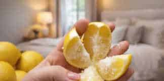 γυναικείο χέρι με διακριτικό μανικιούρ κρατά κομμένο λεμόνι σε κοντινό πλάνο με φόντο υπνοδωμάτιο