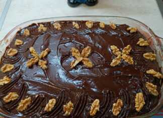 Ένα κομμάτι σιροπιαστή καρυδόπιτα με πλούσια επικάλυψη σοκολάτας, σερβιρισμένο σε πιάτο με λίγα καρύδια δίπλα.