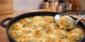 Ζουμερά χρυσαφένια κεφτεδάκια κοτόπουλου μέσα σε παχύρρευστη κρεμώδη σάλτσα με λιωμένο τυρί και καραμελωμένα κρεμμύδια.