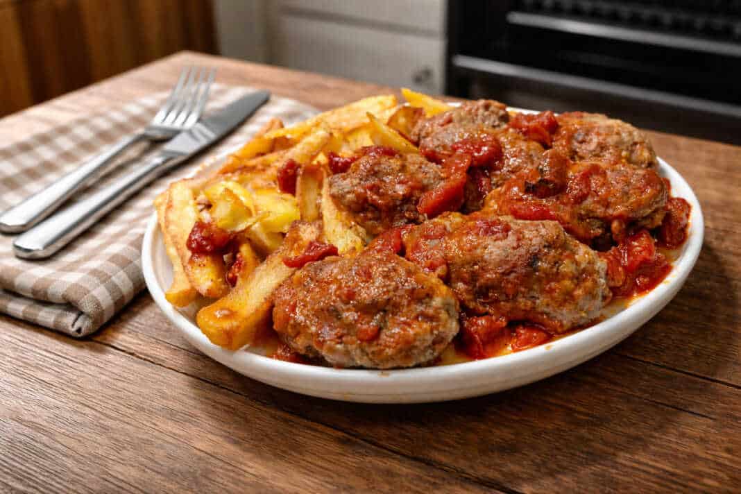 Ζουμερά κεφτεδάκια μέσα σε πλούσια κόκκινη σάλτσα ντομάτας με ξύλο κανέλας και δαφνόφυλλο, σερβιρισμένα με τηγανητές πατάτες