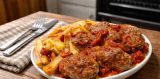 Ζουμερά κεφτεδάκια μέσα σε πλούσια κόκκινη σάλτσα ντομάτας με ξύλο κανέλας και δαφνόφυλλο, σερβιρισμένα με τηγανητές πατάτες