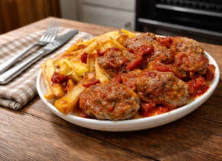 Ζουμερά κεφτεδάκια μέσα σε πλούσια κόκκινη σάλτσα ντομάτας με ξύλο κανέλας και δαφνόφυλλο, σερβιρισμένα με τηγανητές πατάτες