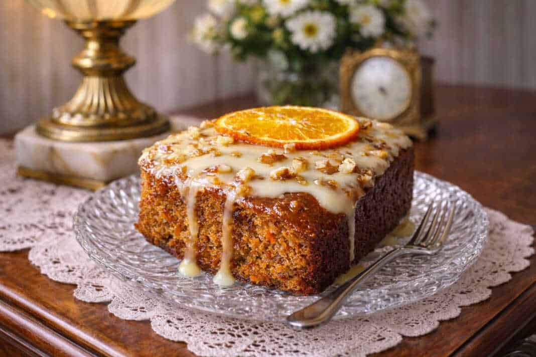 Ζουμερό κέικ καρότου-πορτοκαλιού με λευκό γλάσο τυριού και ξύσμα πορτοκαλιού σε ξύλινη επιφάνεια