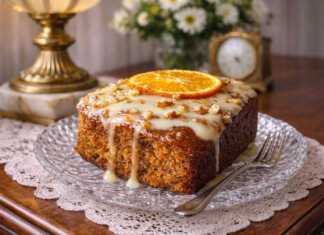 Ζουμερό κέικ καρότου-πορτοκαλιού με λευκό γλάσο τυριού και ξύσμα πορτοκαλιού σε ξύλινη επιφάνεια