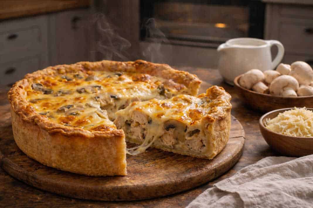 Μια λαχταριστή αλμυρή τάρτα κις λορέν με ροδισμένο τυρί και κομμάτια κοτόπουλου στην επιφάνεια