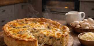 Μια λαχταριστή αλμυρή τάρτα κις λορέν με ροδισμένο τυρί και κομμάτια κοτόπουλου στην επιφάνεια