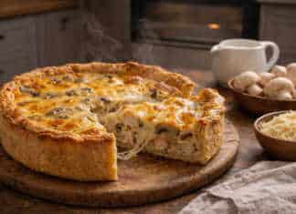 Μια λαχταριστή αλμυρή τάρτα κις λορέν με ροδισμένο τυρί και κομμάτια κοτόπουλου στην επιφάνεια