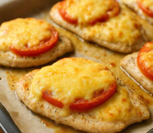 Ψητά φιλετάκια κοτόπουλου καλυμμένα με λιωμένο τυρί, φέτες ντομάτας και χρυσή κρούστα.