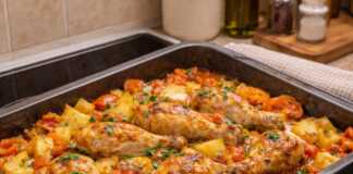 Ένα ταψί με χρυσαφένια μπούτια κοτόπουλου, πατάτες, καρότα και ζουμερές ντομάτες αχνιστά από τον φούρνο.