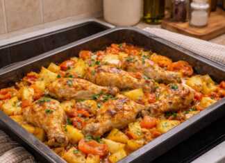 Ένα ταψί με χρυσαφένια μπούτια κοτόπουλου, πατάτες, καρότα και ζουμερές ντομάτες αχνιστά από τον φούρνο.