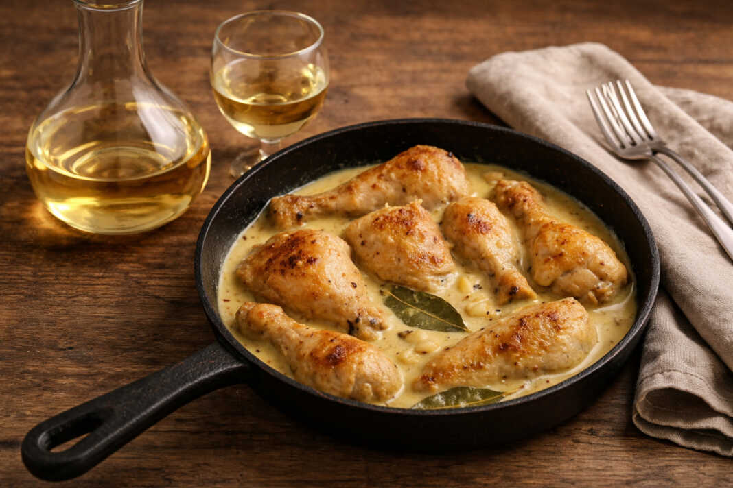 Ζουμερά κομμάτια κοτόπουλου βουτηγμένα σε πλούσια κίτρινη σάλτσα μουστάρδας μέσα στο τηγάνι