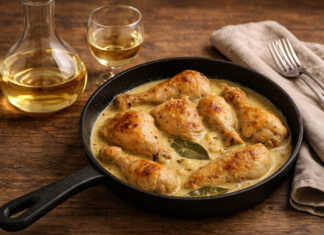 Ζουμερά κομμάτια κοτόπουλου βουτηγμένα σε πλούσια κίτρινη σάλτσα μουστάρδας μέσα στο τηγάνι