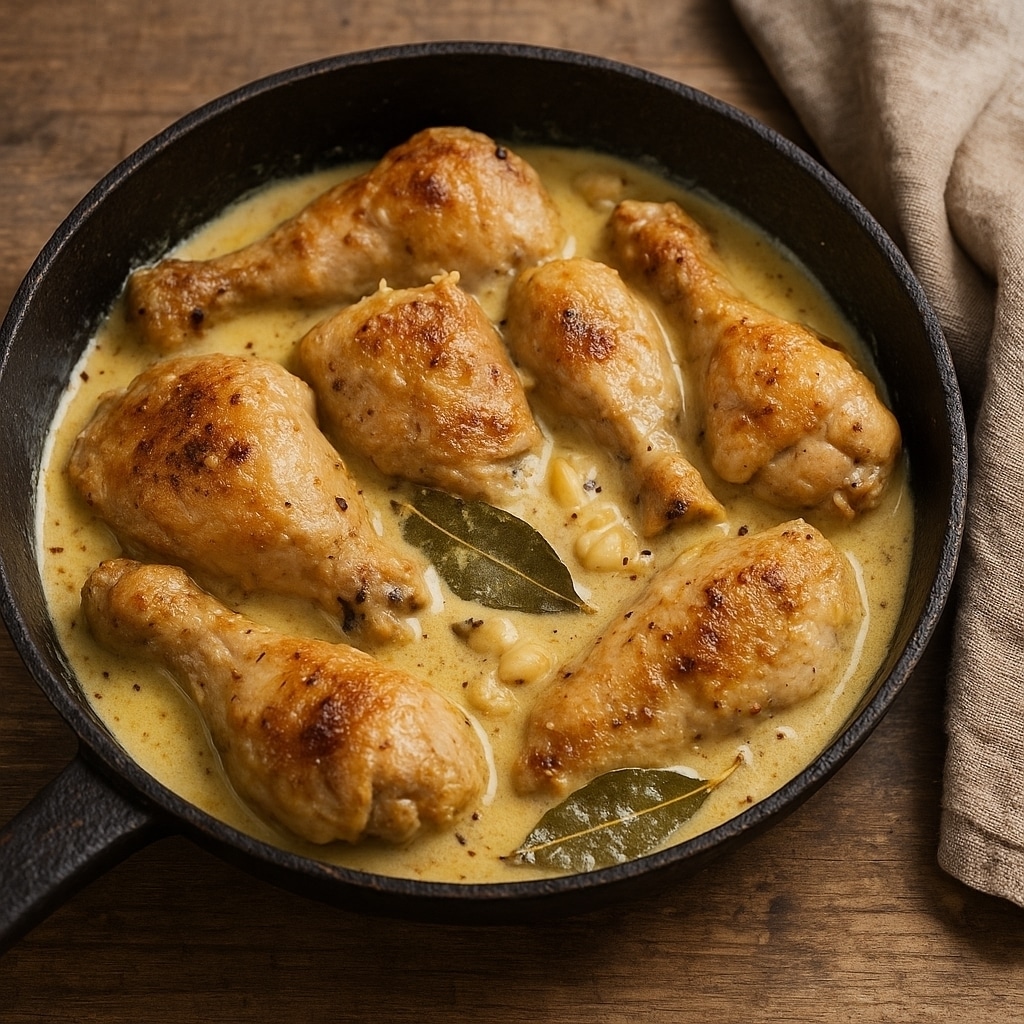 Ζουμερά κομμάτια κοτόπουλου βουτηγμένα σε πλούσια κίτρινη σάλτσα μουστάρδας μέσα στο τηγάνι