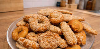 Σειρές από χρυσαφένια κουλουράκια λαδιού πασπαλισμένα με σουσάμι πάνω σε λαδόκολλα.