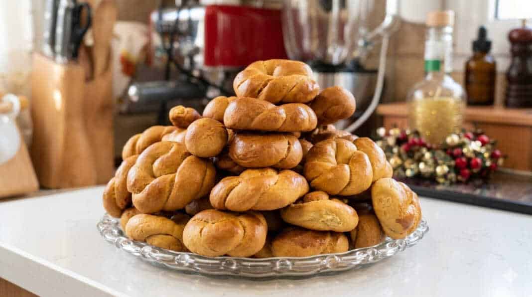 Χρυσαφένια κουλουράκια βανίλιας σε διάφορα σχήματα, τοποθετημένα σε μια πιατέλα και μοσχοβολώντας φρεσκάδα