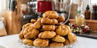 Χρυσαφένια κουλουράκια βανίλιας σε διάφορα σχήματα, τοποθετημένα σε μια πιατέλα και μοσχοβολώντας φρεσκάδα